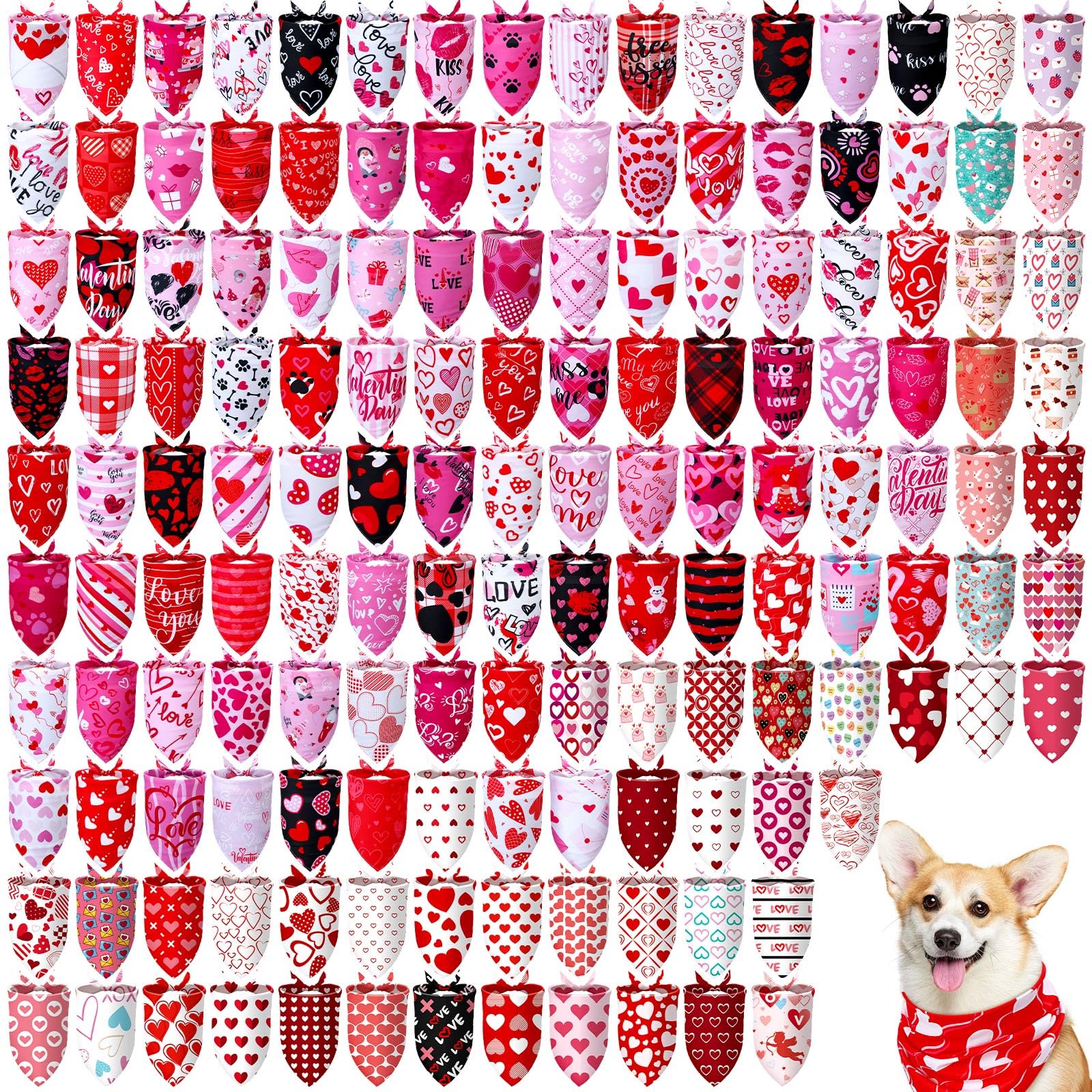 Valentine's Day Dog Bandanas — 150 Pack , Heart Print Triangle Scarfs for Medium & Large Dogs,  Bulk Pet Costume Accessories